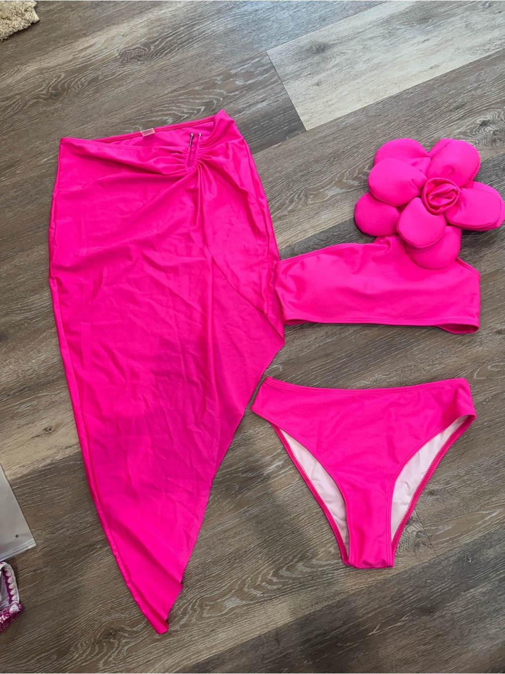 Women's Hot Pink 3-Piece Floral Accent Bikini Set with Asymmetrical Sarong